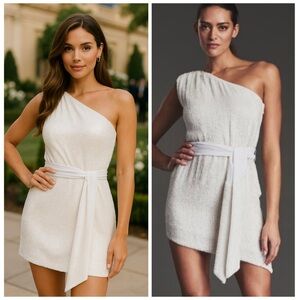 Retrofête Ella White One Shoulder Mini Dress Medium | Belted Party Cocktail NWT